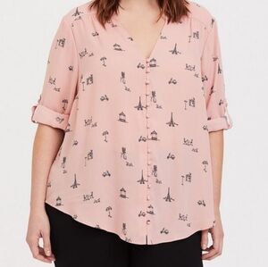 Torrid Pink Paris Theme Georgette Button-Up  3/4 Sleeve Blouse NWT Size …